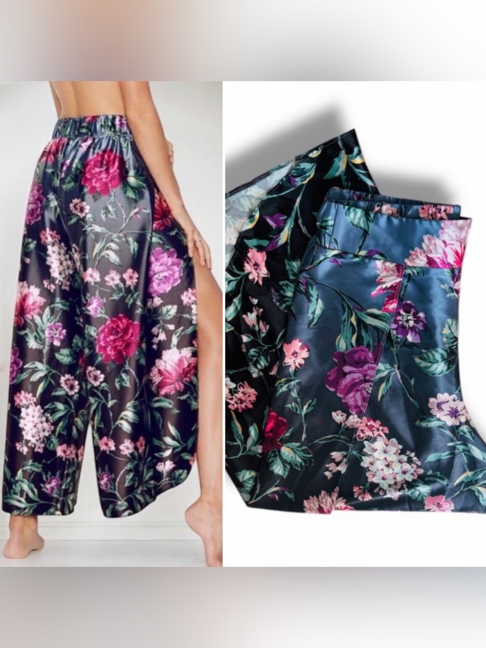 Victoria’s Secret Luxury Satin Wide Leg Slit Lounge Pajama Pants Floral Navy S